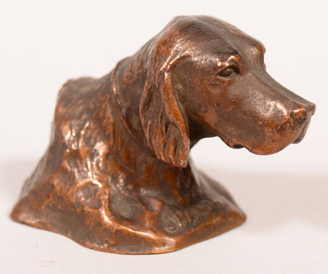 Tiffany Studios Bronze Retriever Dog Paperweight,: Tiffany Studios Bronze Retriever Dog Paperweight, artist signed "SHANDO" with warm darkened patina, marked "Tiffany Studios New York 889" under the base. 2-1/4"h. Condition: Very good. Est. 100-300