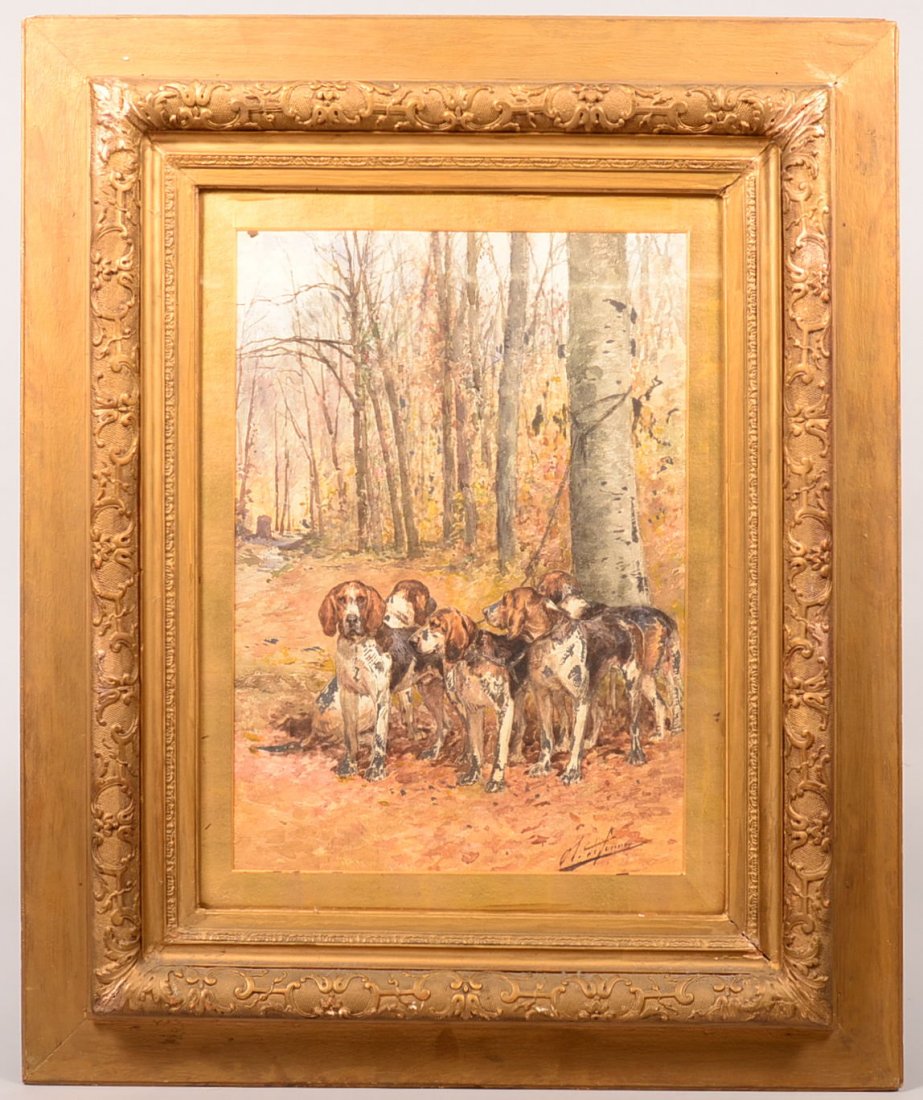 Watercolor on Paper of Hounds signed O. dePenne, (: Watercolor on Paper of Hounds signed O. dePenne, ( Penne, Olivier French painter, 1831-1897). Painting depicts five French foxhounds tied to a birch tree with path and woodland in background. Penne in