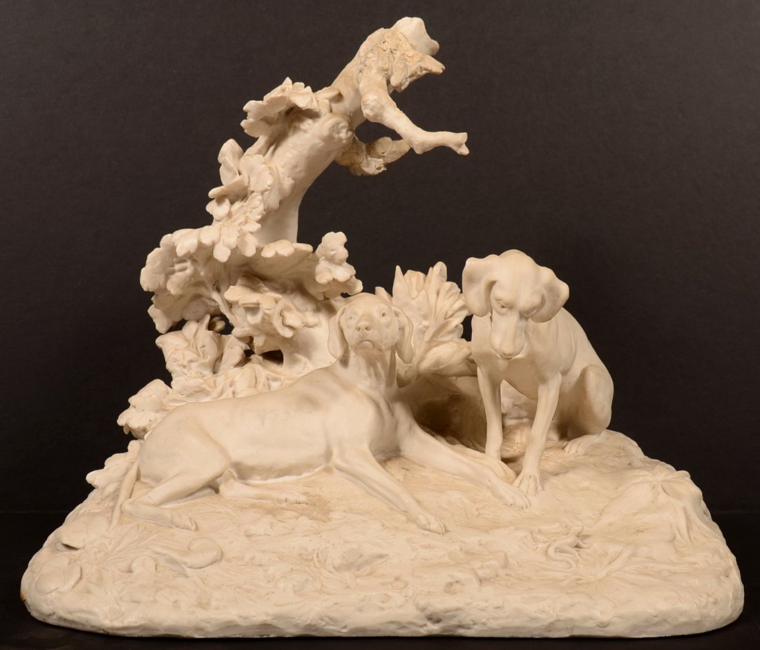 Theodore Haviland, Limoges, France Parian Porcelain: Theodore Haviland, Limoges, France Parian Porcelain Figurine of two Weimaraners, (one is focused on a lizard at his feet). Marked Copyright 1904. 12"h. Condition: Good with some losses and restoration