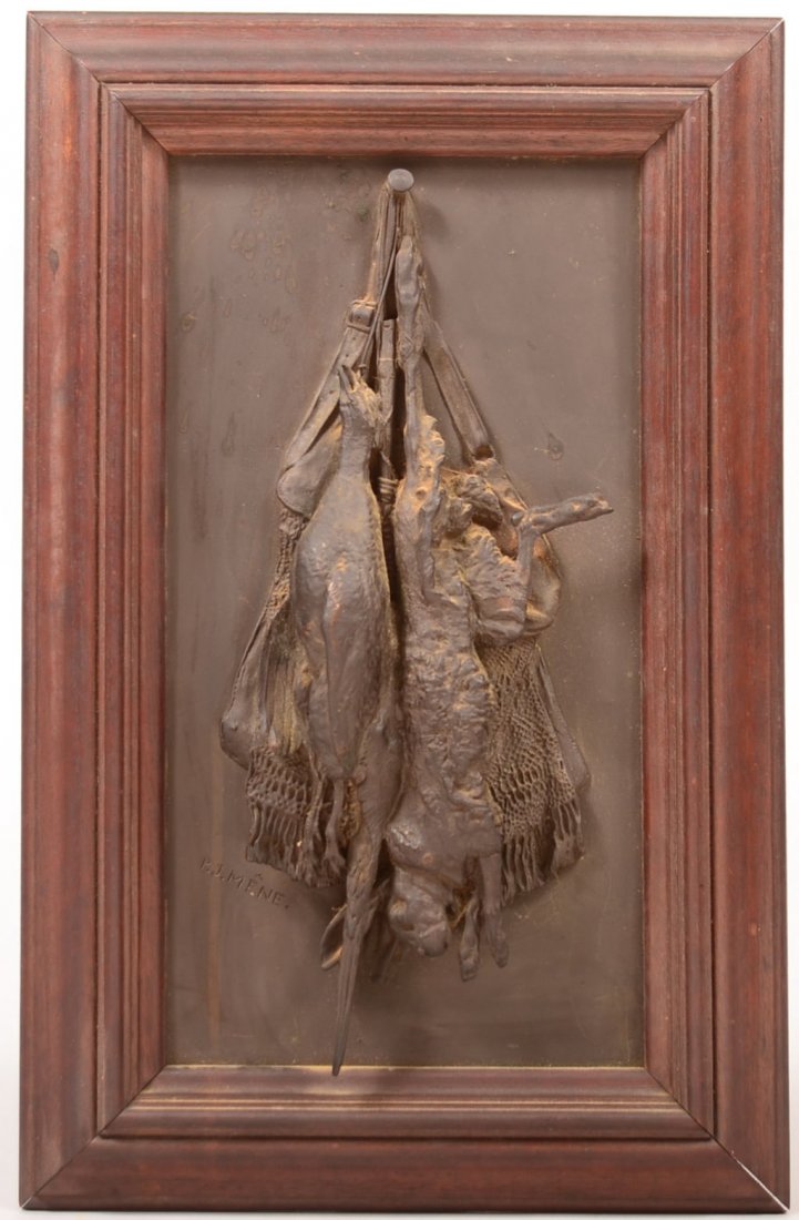 A French Bronze Plaque signed "P.J. Mene" (Pierre: A French Bronze Plaque signed "P.J. Mene" (Pierre Jules Mene, 1810-1877). Rectangular form depicting hanging game, signed lower left corner, set in a walnut molded frame. 16" x 10-1/4" overall. Condit