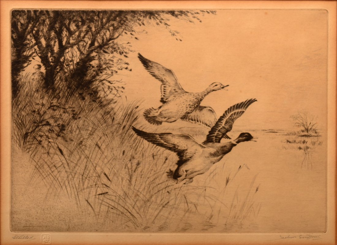 Henry Jackson Simpson Etching on Paper Titled: Henry Jackson Simpson Etching on Paper Titled "Startled", (Scottish, 1893-1963). Depicts a mallard drake and hen taking to flight with silhouette of a man, marsh and trees in background, etching on pa