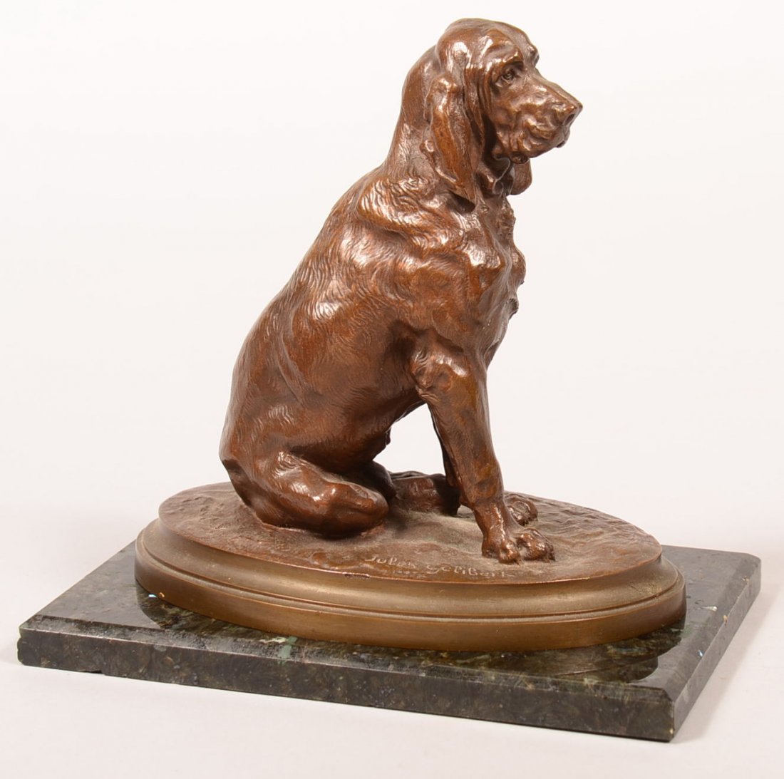 Jules Gelibert Bronze Figure of a Seated Bloodhound,: Jules Gelibert Bronze Figure of a Seated Bloodhound, late 19th century. Inscribed Jules Gelibert on the base. Jules Gelibert's portrayal of the young Napoleon III's dog, Druid. 7"h. Condition: Very go