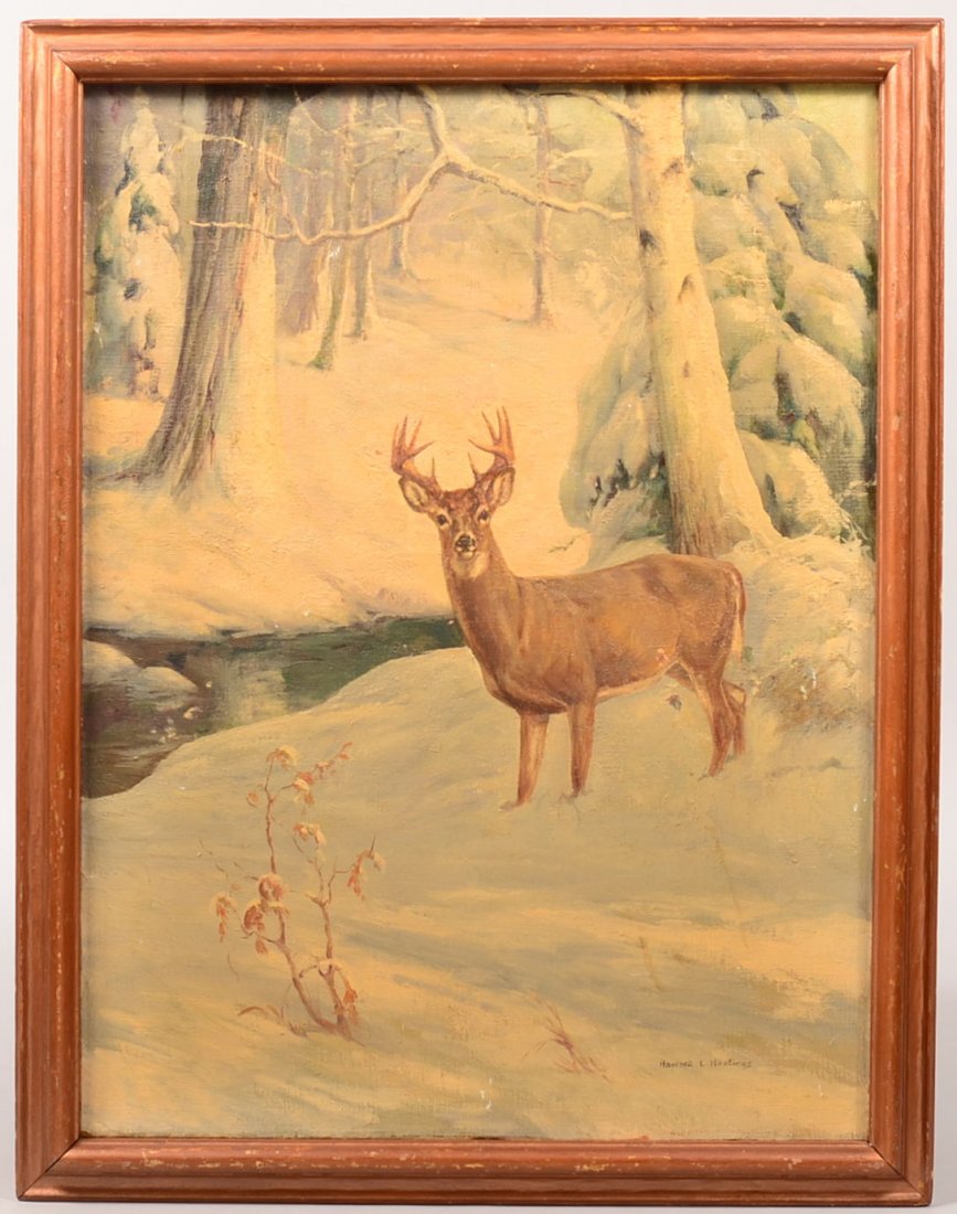 Howard L. Hastings Oil on Canvas Winter Scene Depicting: Howard L. Hastings Oil on Canvas Winter Scene Depicting a Whitetail Buck. Signed lower right. (New Jersey Artist, early to mid 20th century). Stream and woodland in background. Hastings was best known