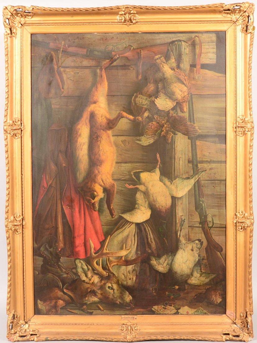 Vintage Tin Lithograph Sign titled "After the Hunt" by: Vintage Tin Lithograph Sign titled "After the Hunt" by Arthur W. Woelfle. Depicts a buck, red fox, mallard ducks, grouse double barrel shotgun and lever action rifle along with hunting apparel. In a g