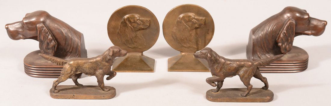 Three pair of high quality cast metal Spaniel and: Three pair of high quality cast metal Spaniel and Setter Dog bookends. Copper pair labeled Jennings Brothers Manufacturing Co., 6"h., pair of cast brass, unsigned, 6-1/4"h., and a pair of unsigned bro