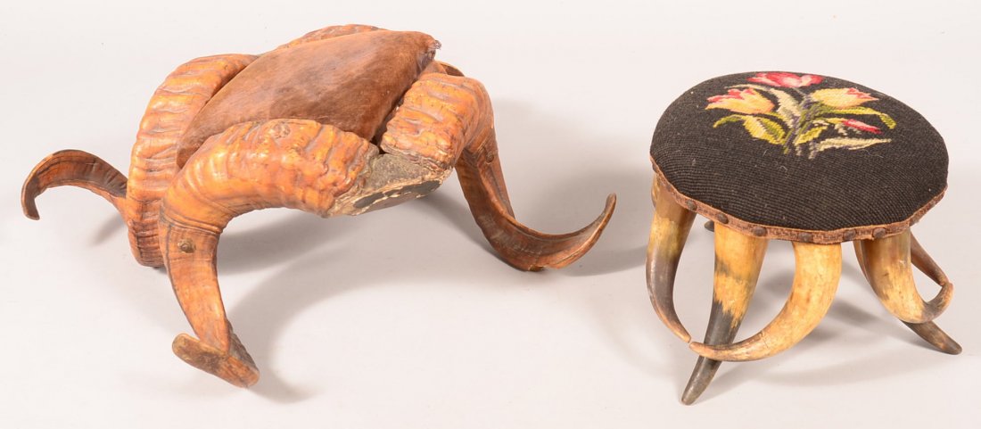 Two late 19th century horn footstools. Ram's horn stool: Two late 19th century horn footstools. Ram's horn stool with diamond shaped velour cushion, 8"h., and a cow horn stool with tulip needlepoint circular cushion, 8-1/2"h. Condition: Good with use wear. 