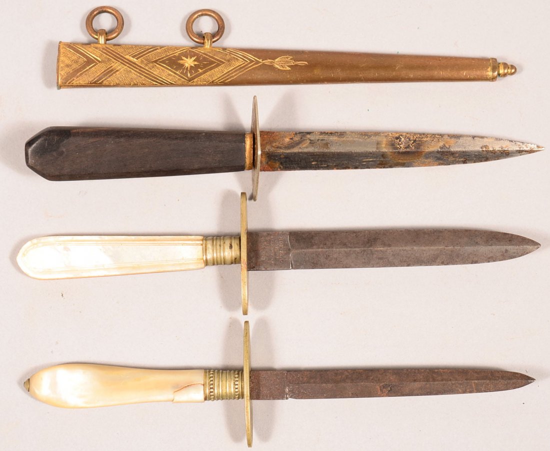 Lot of (3) antique double edged daggers with 4" to: Lot of (3) antique double edged daggers with 4" to 5-1/2" blades including (2) Joseph Allen & Sons, Sheffield, NON-XLL with pearl handles. Condition: fair to good.