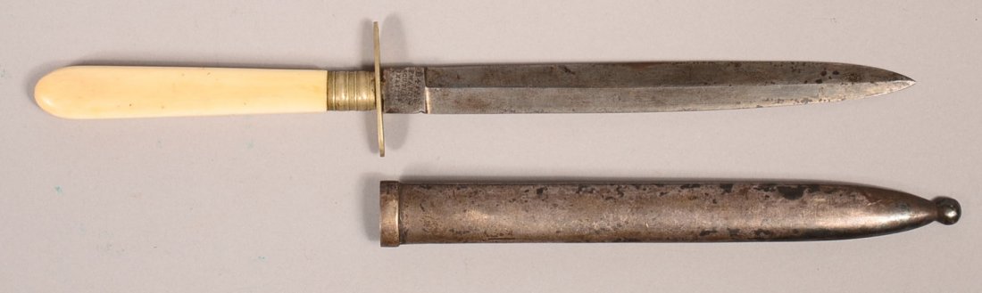 Nineteenth century ivory handled Frederick Ward &: Nineteenth century ivory handled Frederick Ward & Company 5-3/4" dagger marked B4*ANY F.WARD & CO. CUTLERY SHEFFIELD with silver mounts and scabbard. Condition: very good. Factory edge on blade, age c