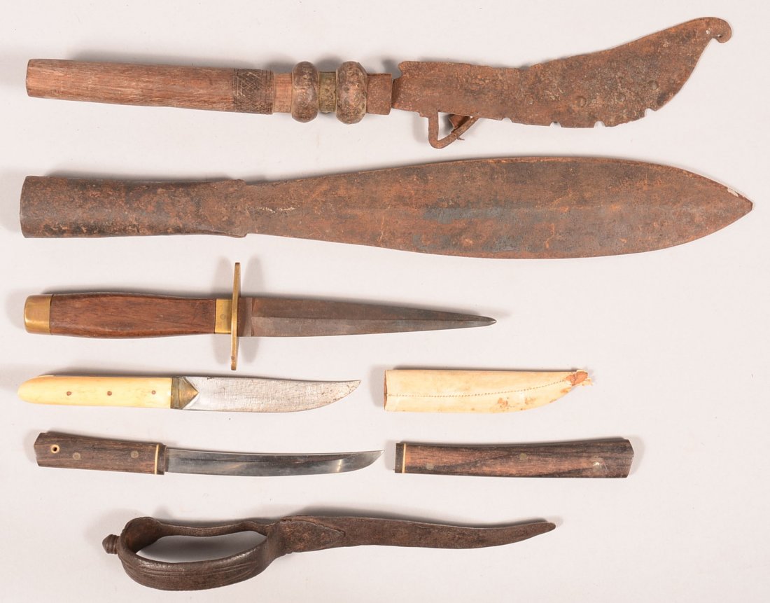 Lot of (6) exotic weapons including early India dagger: Lot of (6) exotic weapons including early India dagger and a pike head. Condition: good to very good.