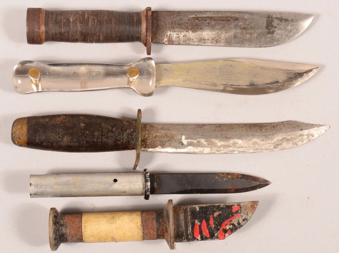 Lot of (5) knives incl a Cattaraugus Quartermaster: Lot of (5) knives incl a Cattaraugus Quartermaster combat knife, (2) theater-made sheath knives (one identified), a jet pilot breakout knife, and a Russian (or copy) ballistic knife without the tube a