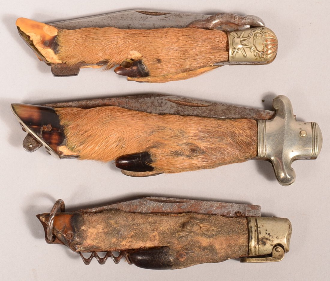Lot of (3) deer hoof lockback folders, 3-1/2" to 4-1/2": Lot of (3) deer hoof lockback folders, 3-1/2" to 4-1/2" blades. One having a corkscrew is marked on the ricasso "JOSEPH…" and on the other side "CECHA, SLOVINIA". The largest one has a silver bolste