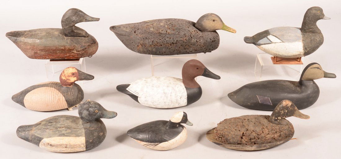 Decoy lot of (9): (2) cork (one is Black duck) plus (7): Decoy lot of (9): (2) cork (one is Black duck) plus (7) working. Condition: poor to fine.