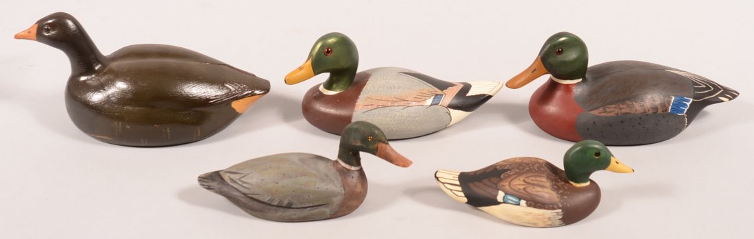 Decoy lot of (5) having glass eyes: an early hollow: Decoy lot of (5) having glass eyes: an early hollow carved wood signed "HM 1970, Babylon, Long Island, A.J. Sedor"; an excellent Wildfowler Mallard drake; an excellent Wetland miniature Mallard drake
