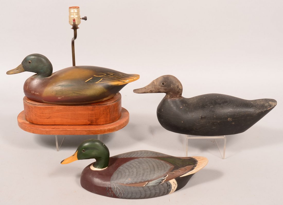 Decoy lot of (3): Wildfowler Mallard decoy on lamp base;: Decoy lot of (3): Wildfowler Mallard decoy on lamp base; fine Mallard signed under bill "Buckhard"; and a Black duck. Condition: very good to fine