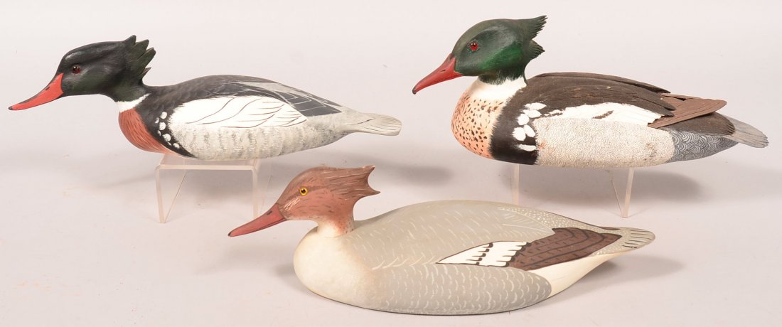 Decoy lot of (3): Merganser hen by Wm. Keim, Neptune: Decoy lot of (3): Merganser hen by Wm. Keim, Neptune City,NJ 1999; Merganser drake by Hammell, NJ, 1986; Merganser by Bus Talley. Condition: fine to excellent