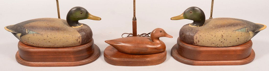 Decoy lot of (3) decoys on lamp bases including (2): Decoy lot of (3) decoys on lamp bases including (2) early LL Bean mallards. Condition: fine to exceellent