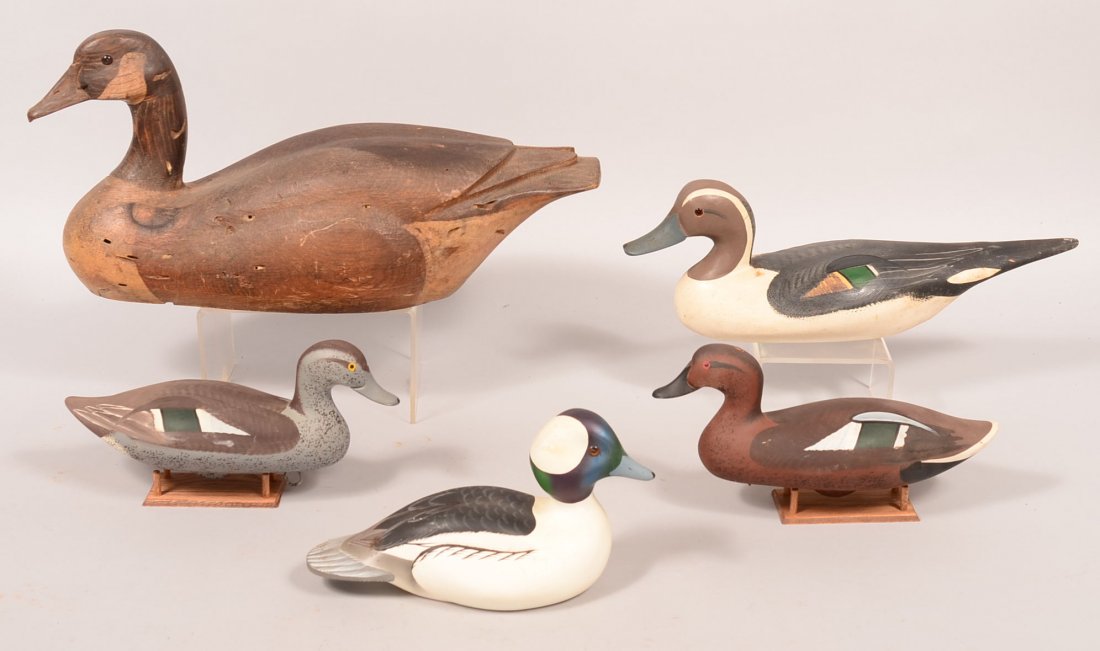 Decoy lot of (5): Canada goose signed "R.D. Lewis 1978";: Decoy lot of (5): Canada goose signed "R.D. Lewis 1978"; pair of Cinnimin Teal by Walker; Randy Tull Bufflehead; Chesapeake Bay Pintail. Condition: fine to excellent.