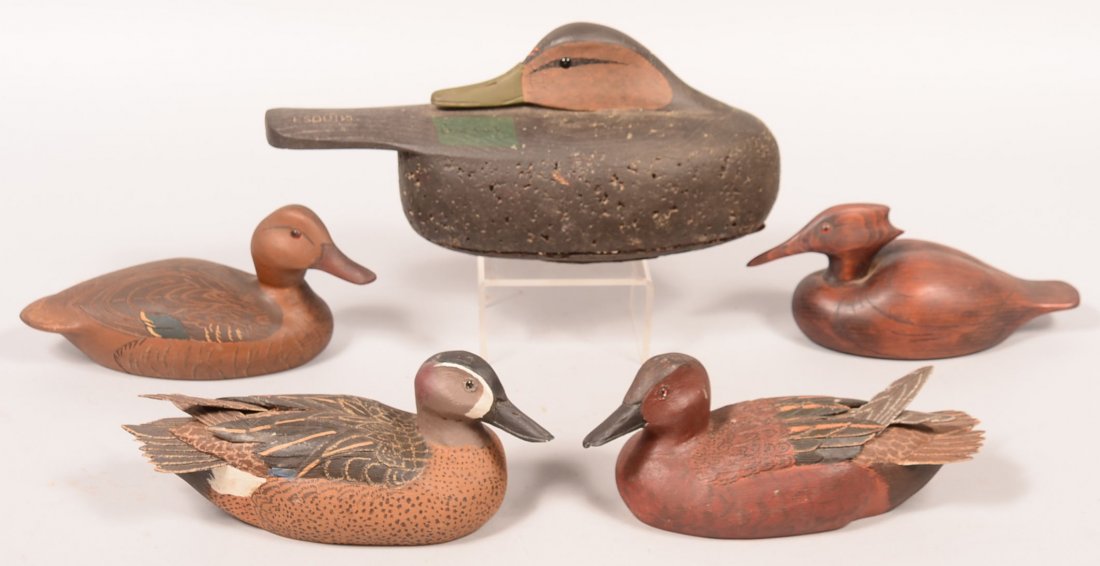 Decoy lot of (5): Rob Daley signed Black duck-NJ; Hen: Decoy lot of (5): Rob Daley signed Black duck-NJ; Hen Mallard "RJF"; fine Merganser "RJF"; 2 fine Teal "Bus Talley". Condition: fine