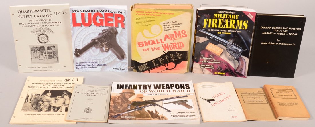Book lot of (6) books plus (5) pamphlets including: Book lot of (6) books plus (5) pamphlets including "German Pistols and Holsters 1934/1945" by Whittington; "Standard Catalog of Lugar" by Davis; "Infantry Weapons of World War II" by Suermont; "Standa