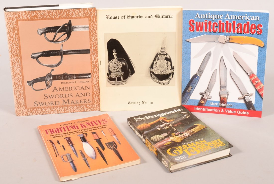 Book lot of (5) edged weapons including "Seitengewehr:: Book lot of (5) edged weapons including "Seitengewehr: History of the German Bayonet 1919-1945" by Wheeler; "Antique American Switchblades" by Erickson; "Fighting Knives" by Stevens; plus "American Sw