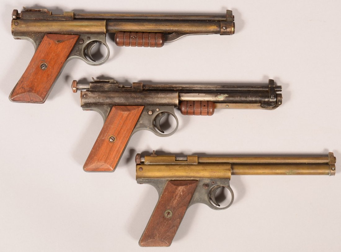 Lot of (3) Benjamin air pistols having: 1). a brass 22: Lot of (3) Benjamin air pistols having: 1). a brass 22 caliber 7-1/2" barrel with brass cylinder missing the pump mechanism; 2). A brass .177 caliber 8-1/2" barrel with brass cylinder; 3). A blued ste