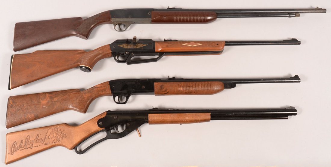 Lot of (4) Daisy air rifles with Rogers, Arkansas: Lot of (4) Daisy air rifles with Rogers, Arkansas address: No. 26 slide action tube fed with plastic stocks; model 840 pump action with plastic stocks; Powerline 922 clip fed 22 caliber with plastic s