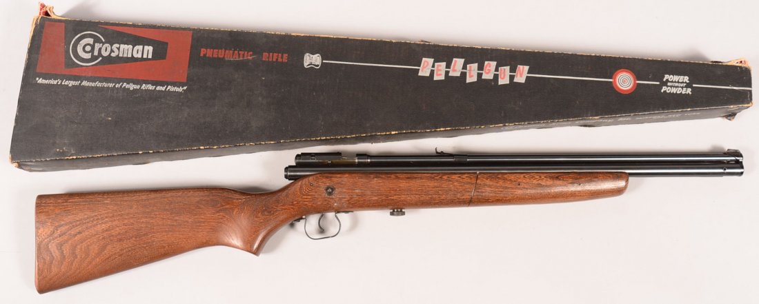 Crosman model 140 Pellgun pump action 22 caliber air: Crosman model 140 Pellgun pump action 22 caliber air rifle with wood stock. Condition: like new in its original box.