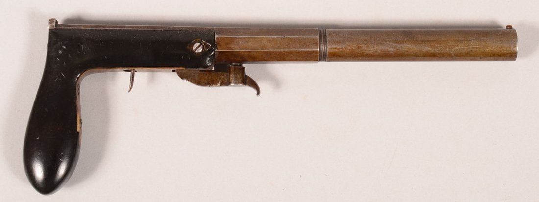 Saw handle underhammer percussion pistol in a shadow: Saw handle underhammer percussion pistol in a shadow box having a Civil War battlefield backdrop scene and containing soldier's personal effects such as tobacco, a pocket watch, a smoking pipe, matche