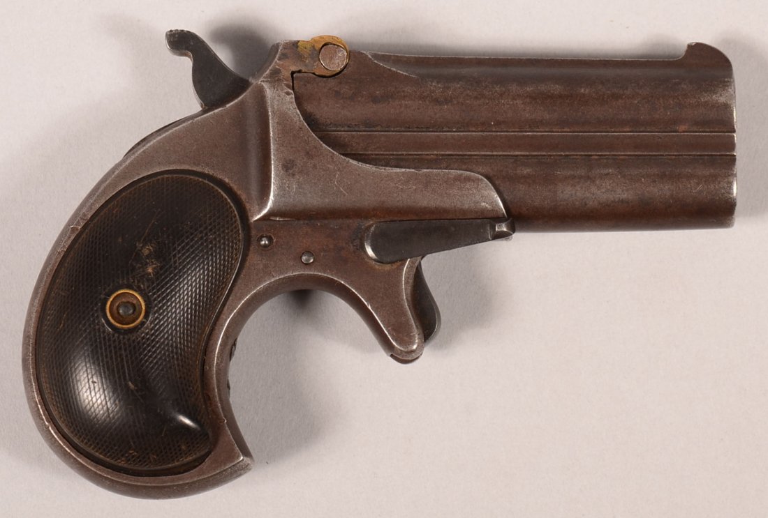 . Remington Double Derringer model No.3 having a blued: . Remington Double Derringer model No.3 having a blued 41 rimfire 3" barrel marked REMINGTON ARMS COMPANY, ILION NEW YORK, serial number 228, matching barrel. Condition: good with smooth gray patina o