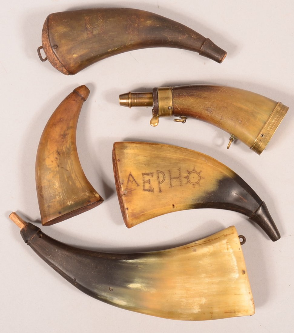 Lot of (5) flat powder horns, one having initials "BH",: Lot of (5) flat powder horns, one having initials "BH", another having lettering on each side. 6" to 9-3/4" along the outside curve. Condition: good to very good.