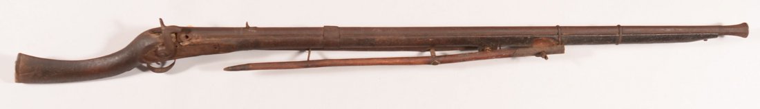 Jezail percussion rifle made with the A-shaped Central: Jezail percussion rifle made with the A-shaped Central Asian style wood "bipod" rest attached to the forearm. It has a 44-1/2" octagon to round barrel with a flared octagon muzzle and has (3) iron bar