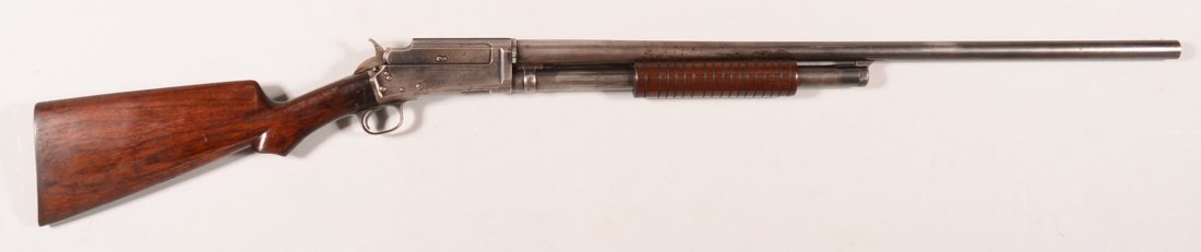 CR. Marlin model 1898 pump action shotgun having a 12: CR. Marlin model 1898 pump action shotgun having a 12 gauge full choke 30" barrel, sn 60590. Condition: steel grey patina with traces of original blue on the metal, sound stock, bright shiny bore, goo