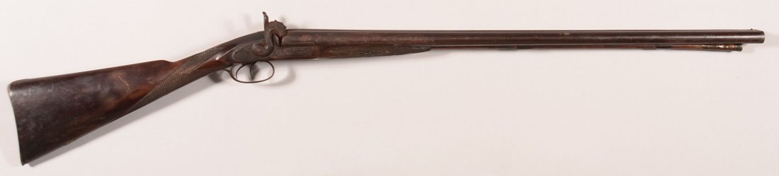 Coffin Lee & Co double barrel SxS percussion shotgun: Coffin Lee & Co double barrel SxS percussion shotgun having 12 gauge 30 " barrels, engraved lockplates, dolphin head hammers, engraved iron mountings, checkered wrist and checkered forearm. Condition: