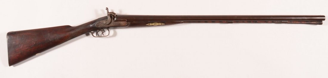 Engraved English double barrel SxS percussion shotgun: Engraved English double barrel SxS percussion shotgun by Ward having 12 gauge 31" barrels marked LONDON FINE TWIST, engraved iron mountings with german silver wedge escutcheons, and a checkered straig