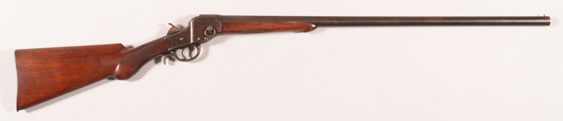 CR. Hopkins and Allen single shot lever action falling: CR. Hopkins and Allen single shot lever action falling block takedown shotgun having a 12 gauge 30-1/4" barrel, sn 385. Condition: fine having most of the original finish on the barrel, frame, and but
