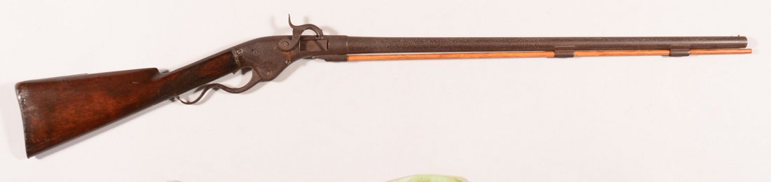 Rare Marston breech loading percussion single shot: Rare Marston breech loading percussion single shot lever action shotgun having a 12 gauge 28" round barrel. Nsn. Less than 300 Marston rifles and shotguns were ever manufactured. Condition: The metal 