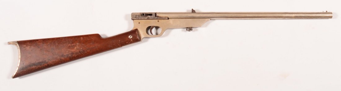 CR. Quackenbush Safety Cartridge swivel breech rifle: CR. Quackenbush Safety Cartridge swivel breech rifle having a 22 caliber 18" nickel plated barrel, no serial number, nickel plated frame, blued breech. Condition: 90-95% nickel on barrel, 80-90% on th