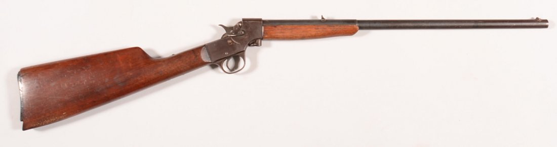 CR. Stevens Crack-Shot rolling block rifle having a 22: CR. Stevens Crack-Shot rolling block rifle having a 22 long rifle round barrel, serial number A-773. Condition: 60-70% blue, sound stocks, broken butt plate, good working order.
