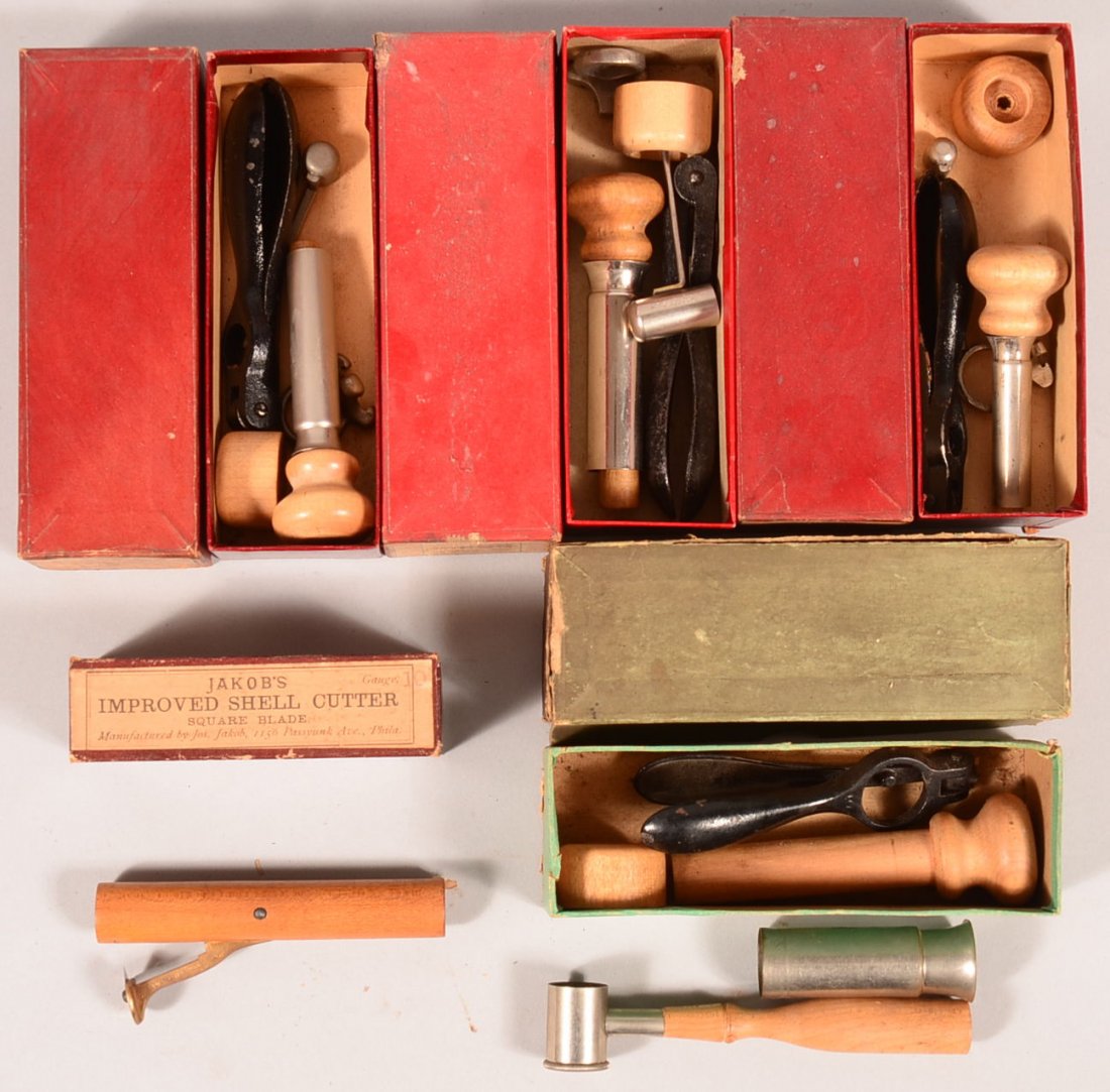 Lot of (5) original shot shell reloading implement: Lot of (5) original shot shell reloading implement boxes including (4) Eureka No. 159 (10 gauge, 24 gauge, 36 gauge, & 410 gauge) having loaders, cappers, measurers, and extractors. Additionally there