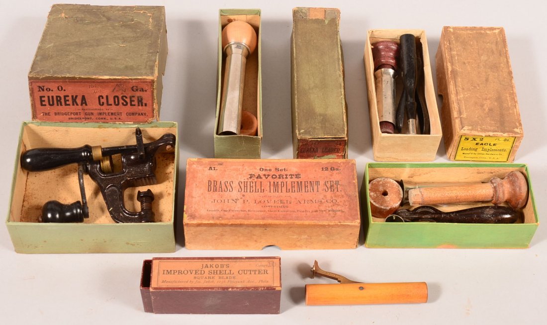 Lot of (5) shotshell reloading implements in original: Lot of (5) shotshell reloading implements in original boxes including 12 gauge Eureka number 0 closeer; 10 gauge Eureka loader number 147; 12 gauge Eagle SX 2 loader, capper, and measure; 12 gauge Fav