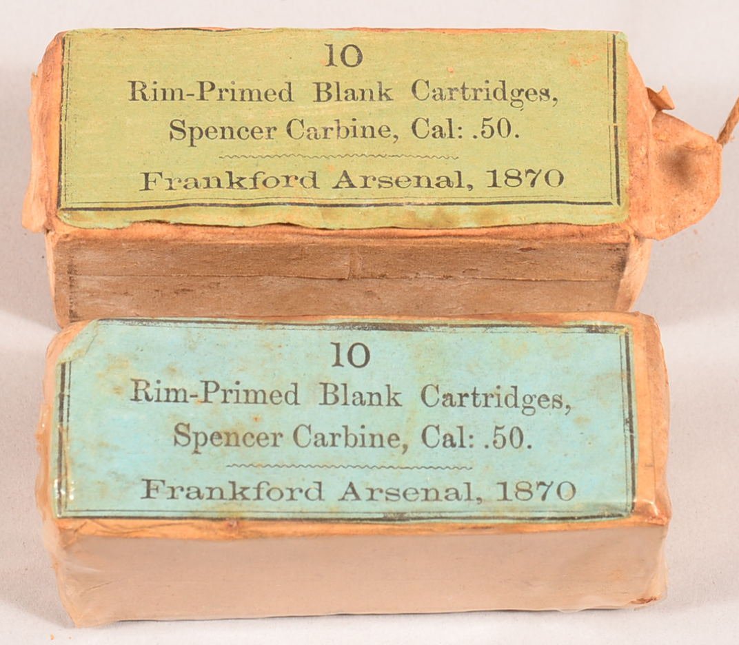 Lot of (2) unopened boxes of 50 caliber rimfire Spencer: Lot of (2) unopened boxes of 50 caliber rimfire Spencer Carbine blank cartridges from Frankford Arsenal dated 1870. Condition: very good.