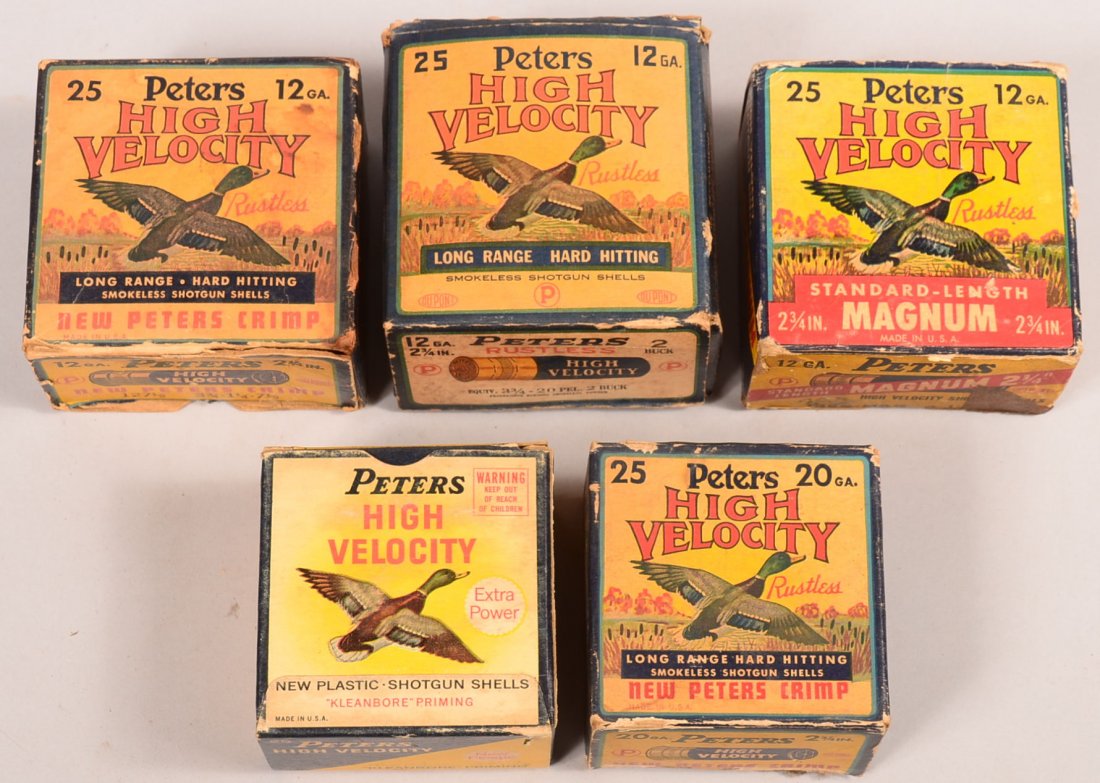 Lot of (5) Peters High Velocity flying mallard: Lot of (5) Peters High Velocity flying mallard including Magnum: 12 gauge (1) full and (2) empty incl. Magnum; an empty 20 gauge paper, and a full 20 gauge plastic. Condition: good to very good.