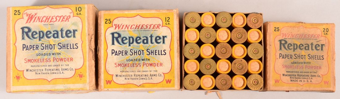Lot of (3) Winchester Repeater boxes: 10 gauge empty,: Lot of (3) Winchester Repeater boxes: 10 gauge empty, 12 gauge full, and 20 gauge empty. Condition: good to very good.