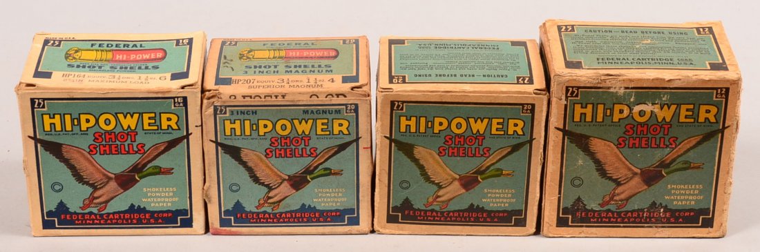 Lot of (4) full boxes Federal Hi-Power flying mallard:: Lot of (4) full boxes Federal Hi-Power flying mallard: 12, 16, and (2) 20 gauge. Condition: fair to very good.