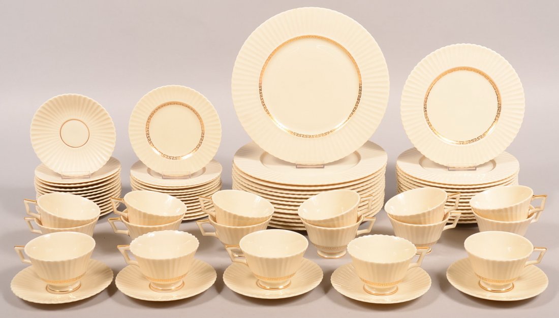 74 Piece Lenox Cretan Pattern Partial Service Set.: 74 Piece Lenox Cretan Pattern Partial Service Set. (1938-1986) having Greek key gold trim, 0-316, 13-10-7/8"dinnner plates, 13-8-5/8"salad plates, 6-1/2" b & b plates, 18 saucers 1 marked with pattern