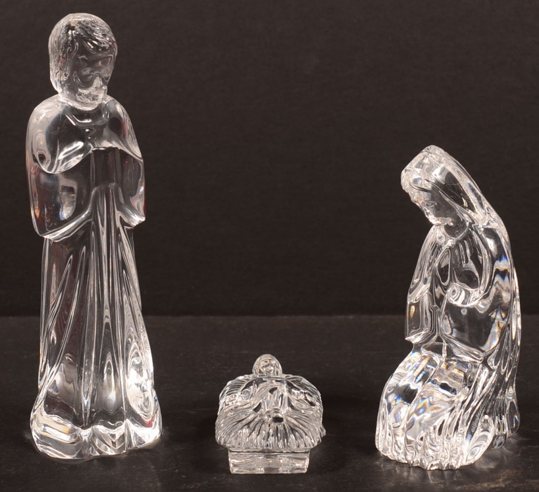 Waterford Crystal 3Piece Nativity Set with original: Waterford Crystal 3Piece Nativity Set with original box, acid signed and paper seahorse label, 1-1/2"h.-6-1/4"h. Condition: Very good.