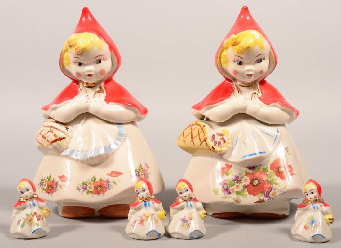 Two Hull Pottery Ceramic Little Red Riding Hood Cookie: Two Hull Pottery Ceramic Little Red Riding Hood Cookie Jars. (One open basket and one closed basket). Along with two pairs of salt and pepper shakers, 3-1/4"h. Designed by Louise Bauer for Hull Potter