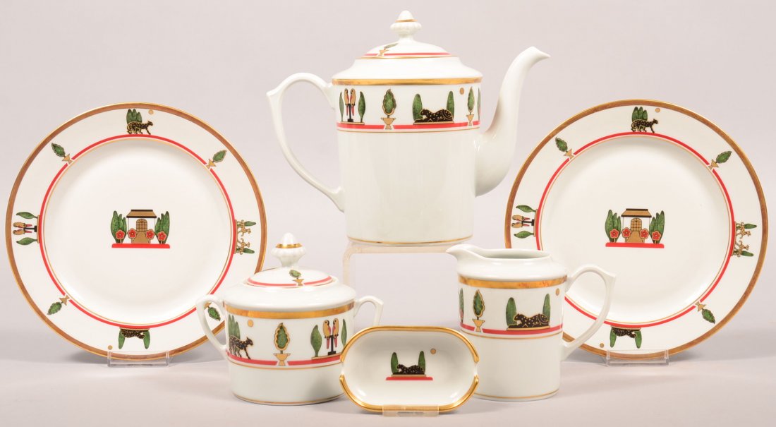 Six Matching Pieces of La Maison De Cartier Porcelain.: Six Matching Pieces of La Maison De Cartier Porcelain. Three piece Tea set, two 8-1/2"dia. Plates and oval ashtray, marked La Maison De Cartier, made in France Limoges, ttp Inc. 1986, decorated with l