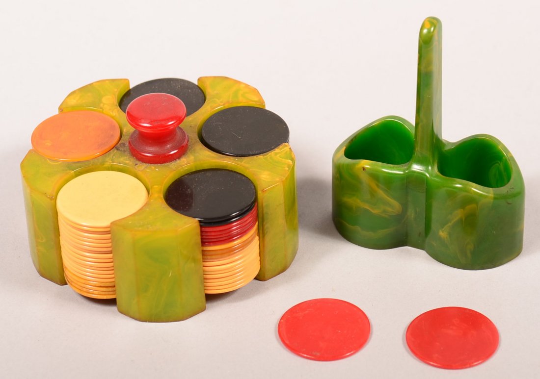 Bakelite Small Game Chips Set and Double Toothpick: Bakelite Small Game Chips Set and Double Toothpick Holder. 2"h.-3-1/8"h. Condition: Very good.