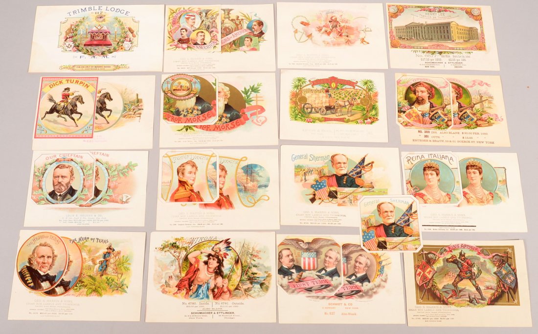 Grouping of Cigar Labels including samples for Schmidt: Grouping of Cigar Labels including samples for Schmidt & Co., Geo. S. Harris & Sons, Louis E. Neumann & Co. 16 larger ones and 11 smaller ones, someattached to larger ones, 4"-6"h. Condition: Good.